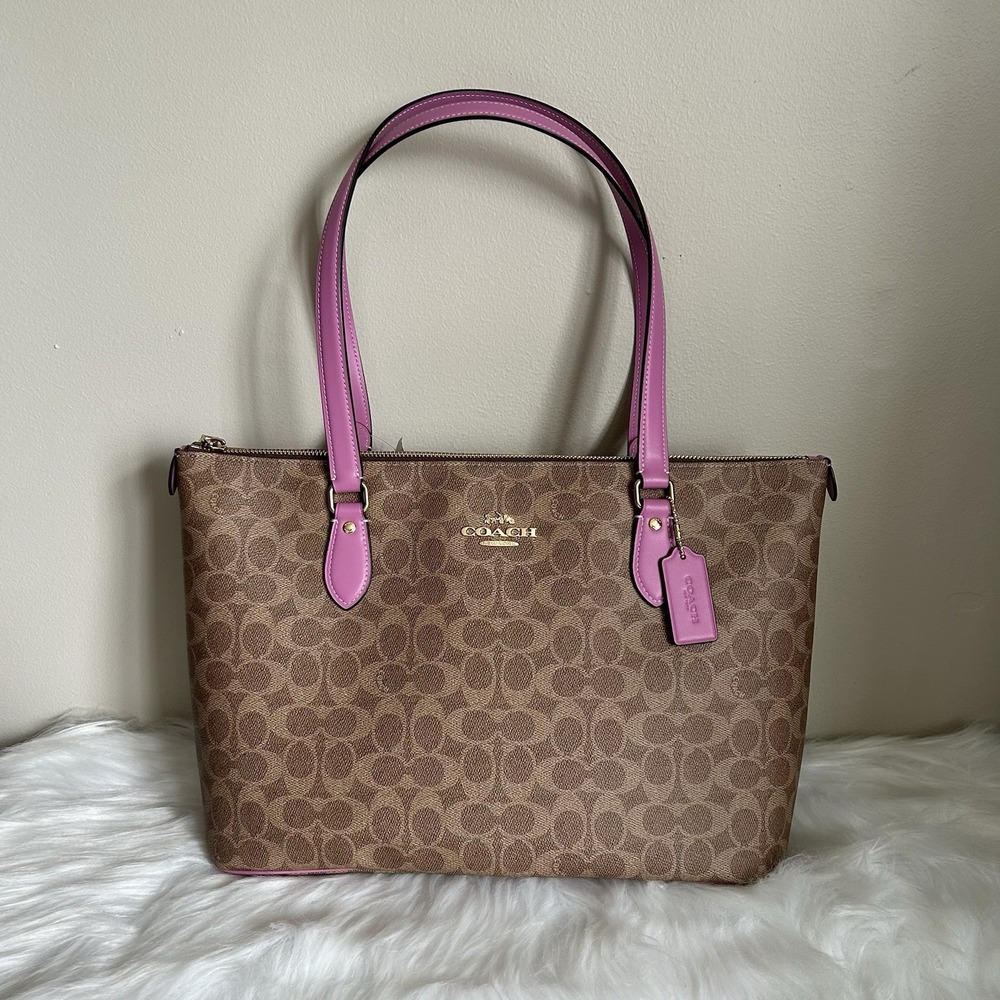 Coach Gallery Tote Khaki Fuchsia Signature Canvas‎ Leather Bag NEW
